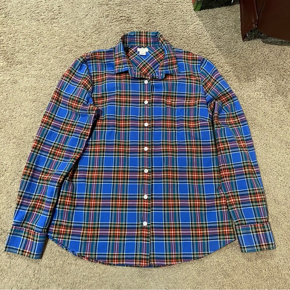 J Crew Women’s Size Med Tartan Plaid Cotton Button-Up Shirt Top Style 03411 Blue - Picture 1 of 6
